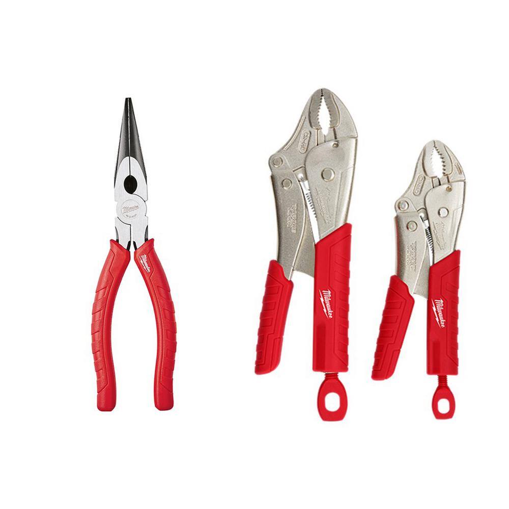 MW 8 in. Comfort Grip Long Nose Pliers with 7 in. and 10 in. Torque Lock Curved Jaw Locking Plier Set with Grip (3-Piece) 48-22-6101-48-22-3402