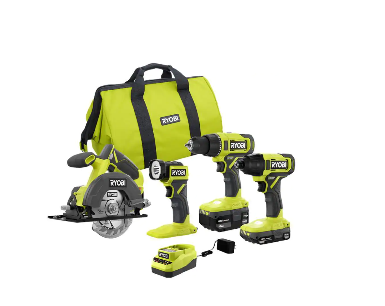 RYOBI PCL1400K2 ONE+ 18V Cordless 4-Tool Combo Kit with 1.5 Ah Battery， 4.0 Ah Battery， and Charger