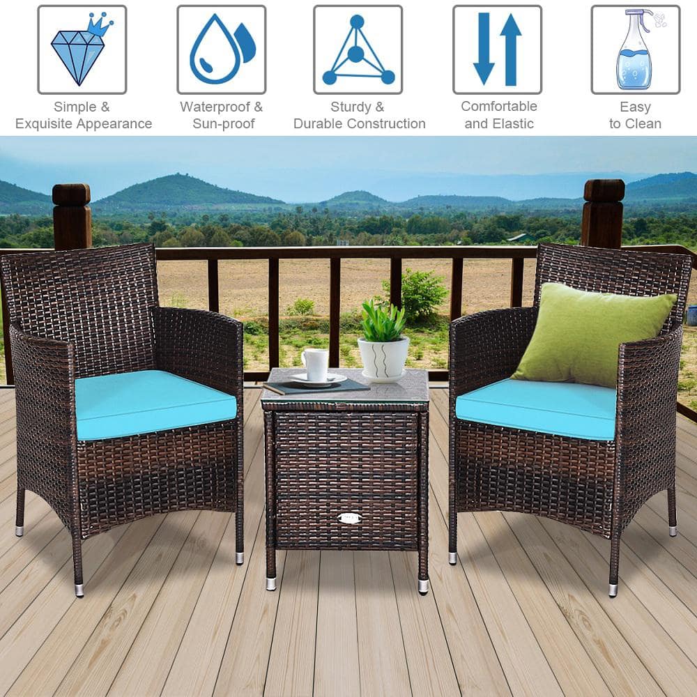 Gymax 3-Pieces Patio Outdoor Rattan Wicker Furniture Set with Coffee Table Turquoise Cushioned Chairs GYM04601