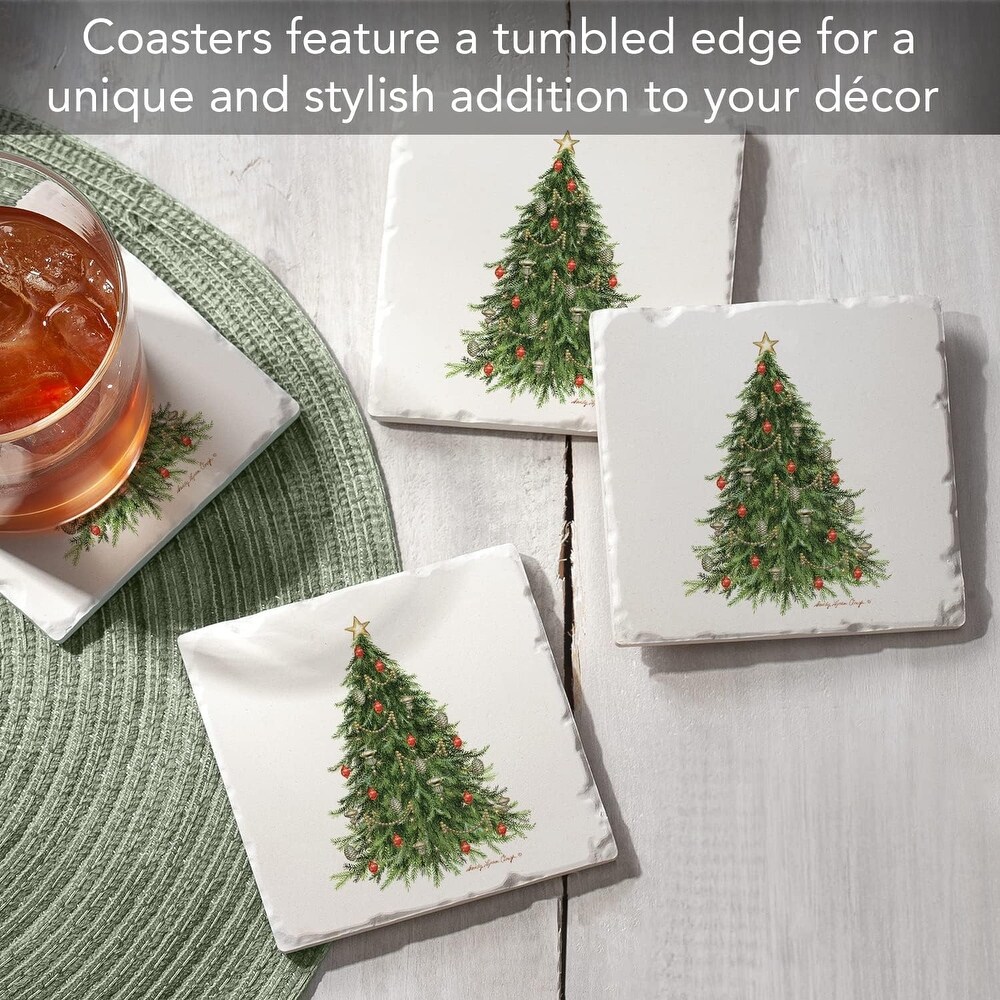 O' Christmas Tree Absorbent Stone Tumbled Tile Coaster 4 Pack with Protective Cork Backing Manufactured in The USA