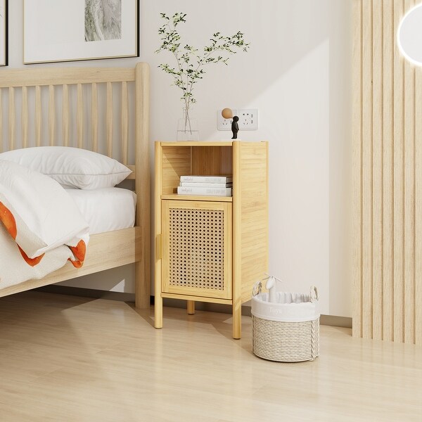 Bamboo and Rattan 1 door cabinet， Bedside Table Accent End Table Side Table for Bedroom， Living Room