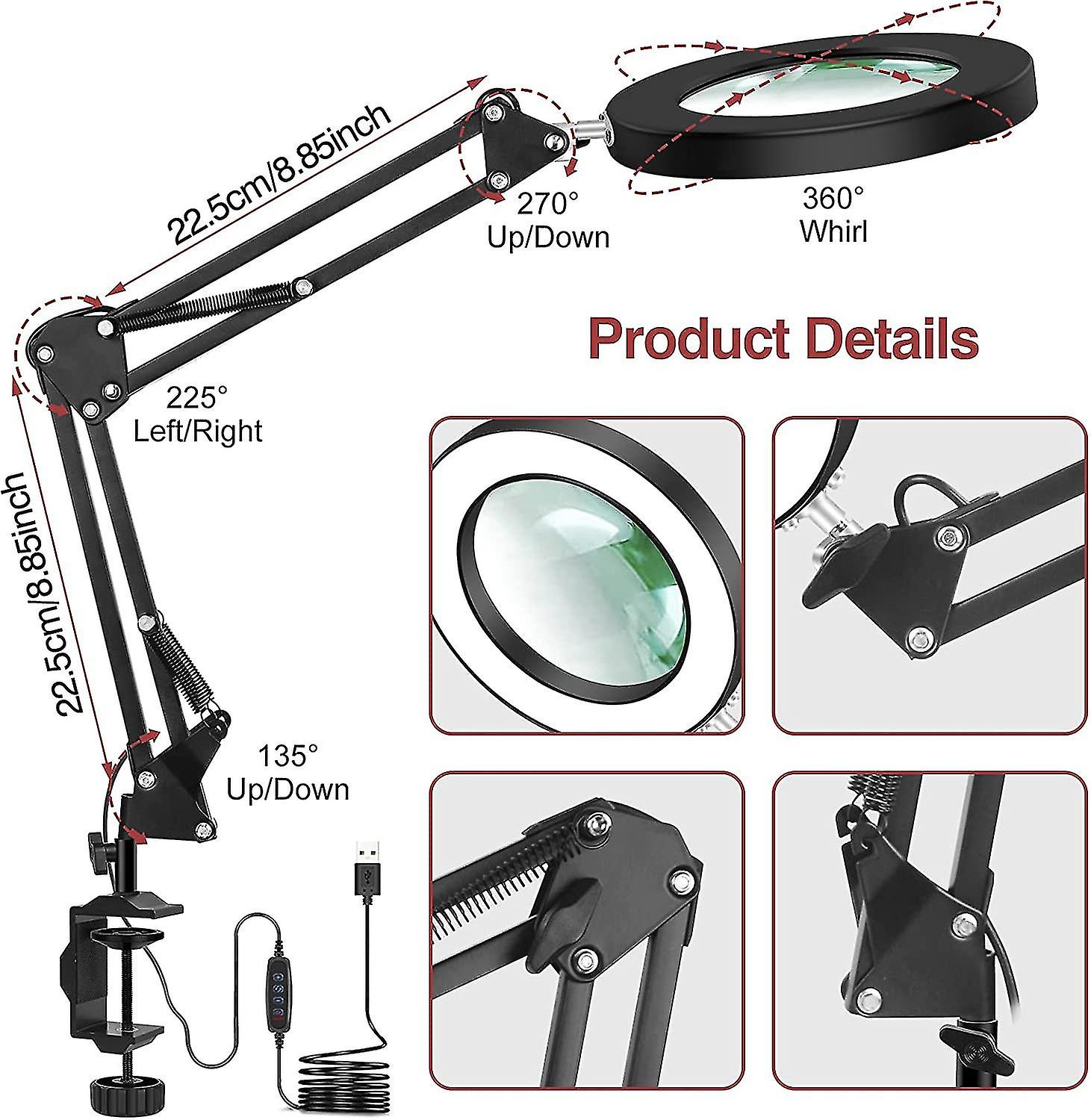 Led Magnifying Lamp With Clamp， 3 Color 5 Diopter Diopter Lighted Magnifier Lamps， Adjustable Swing Arm Lamp