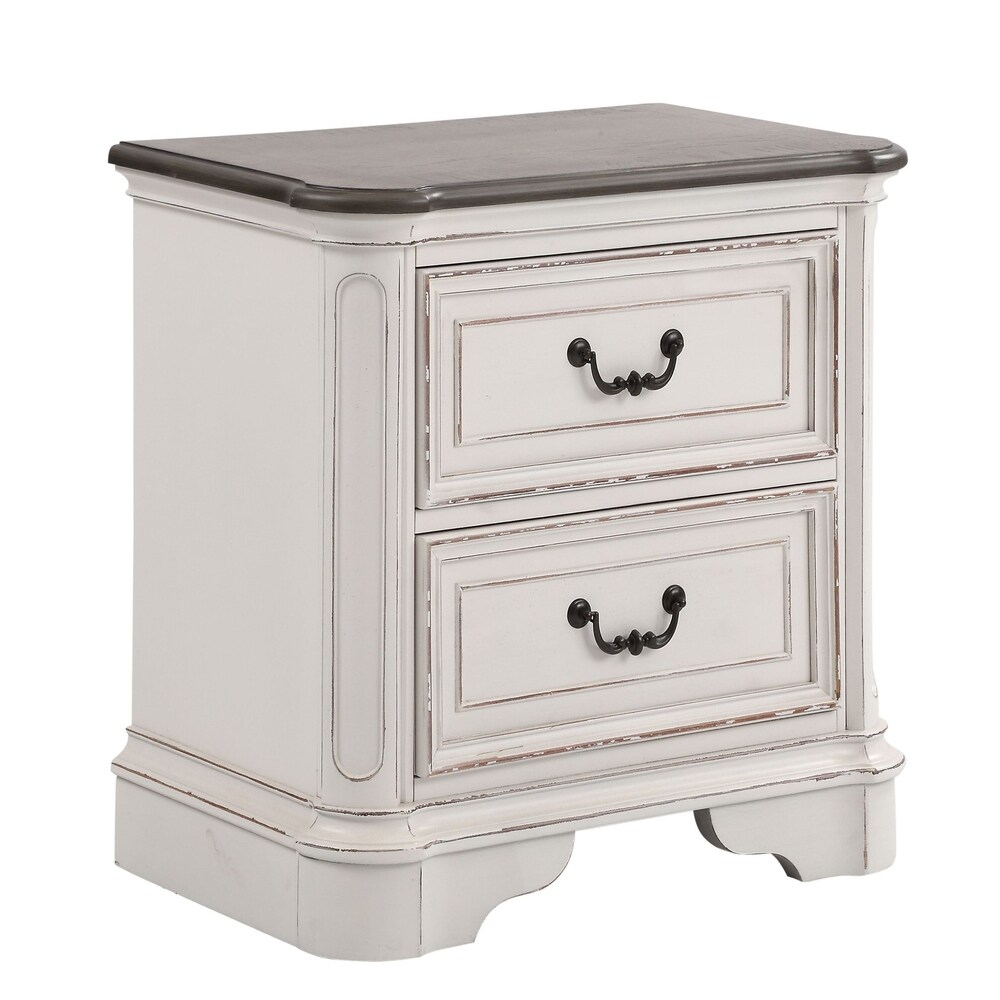 Roundhill Furniture Laval Antique White and Oak Wood 2 Drawer Nightstand