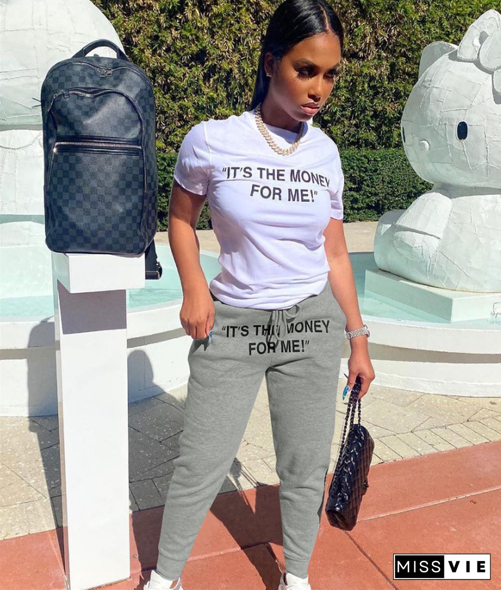 Letter Print Basic Tee Shirt Sweatpants Two Piece Set