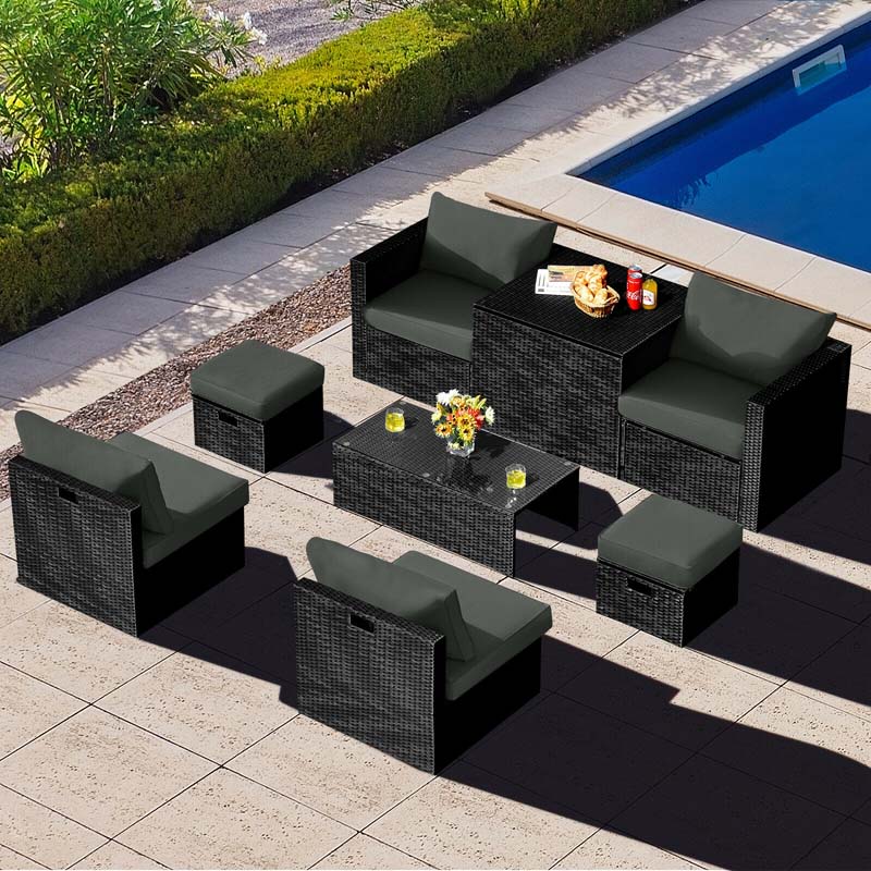 8 Pcs Rattan Wicker Outdoor Patio Furniture Sectional Sofa Set with Storage Box & Waterproof Cover