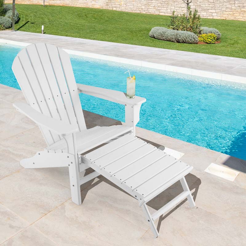 HDPE Adirondack Chair with Retractable Ottoman, Outdoor Chaise Lounge Chair for Lawn Pool Deck