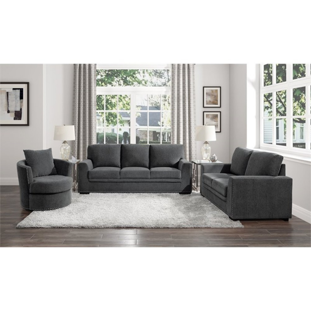 Pemberly Row 62 quotChenille Loveseat with Nailhead in Dark Gray   Transitional   Loveseats   by Homesquare  Houzz