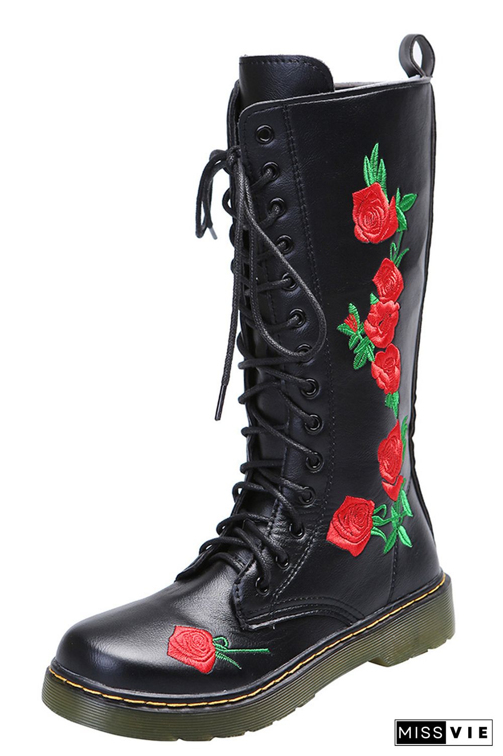 Rose Embroidered Flat Zipper Mid Boots Women Wholesale