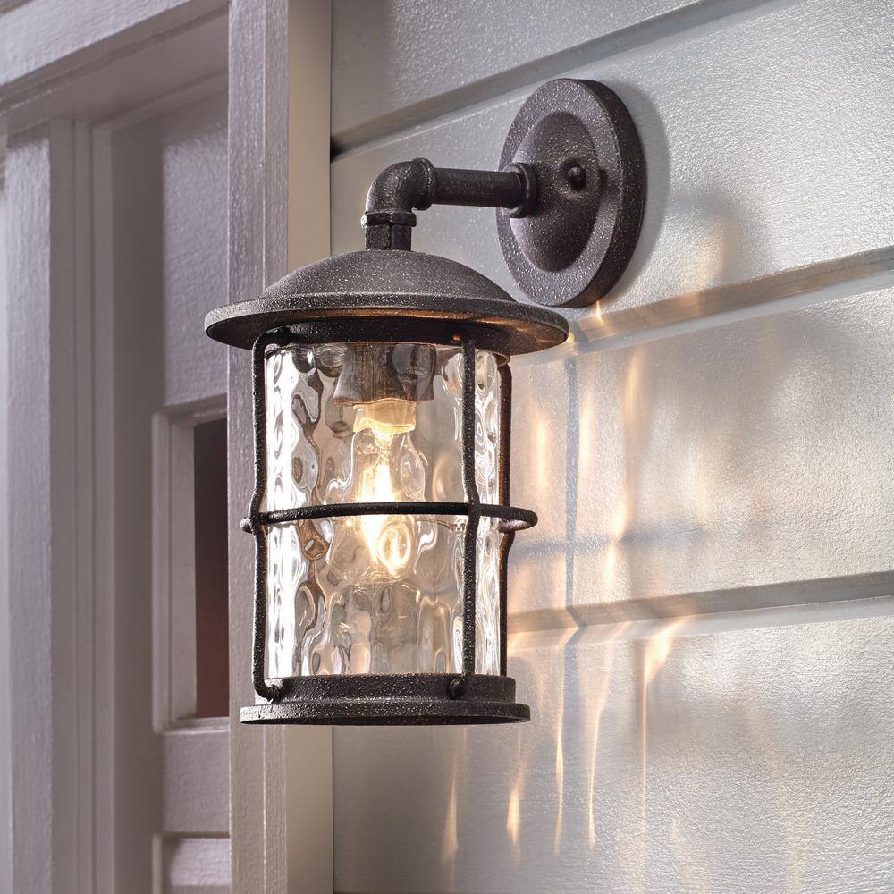 Home Decorators Collection Hargreaves 7 12 in. One Light Gilded Iron Rustic Farmhouse Outdoor Wall Lantern Sconce with Seeded Glass 7956HDCGIDI