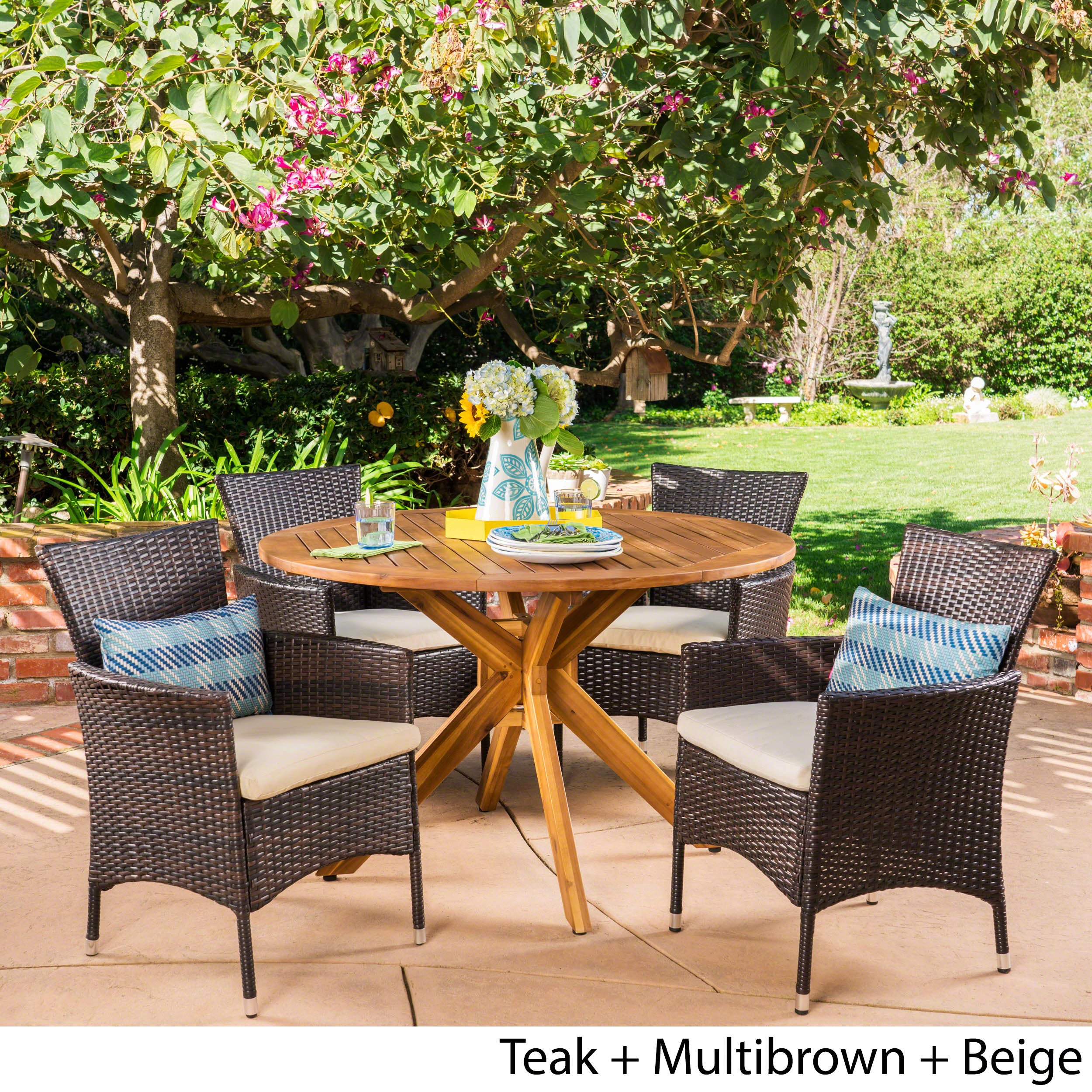 Jacob Outdoor 5 Piece Multibrown Wicker Dining Set with Teak Finish Circular Acacia Wood Dining Table and Beige Water Resistant Cushions