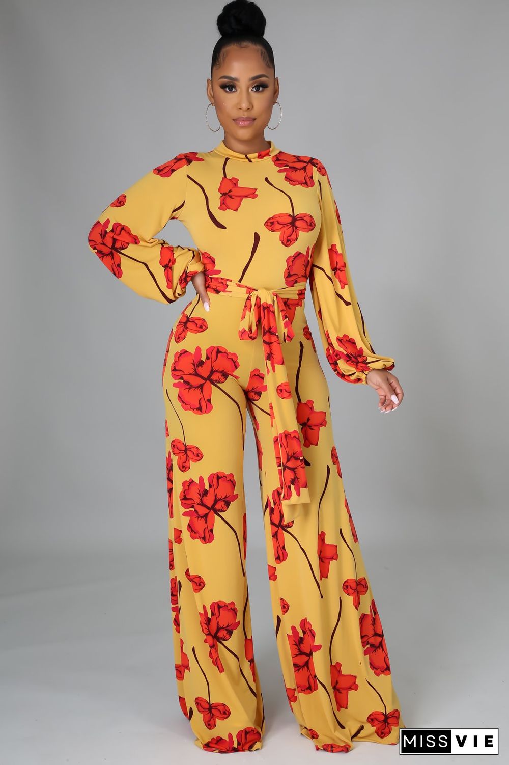 Fashion Digital Printing Spring Autumn O-Neck Long Sleeve Belted One Piece Wide Leg Jumpsuit