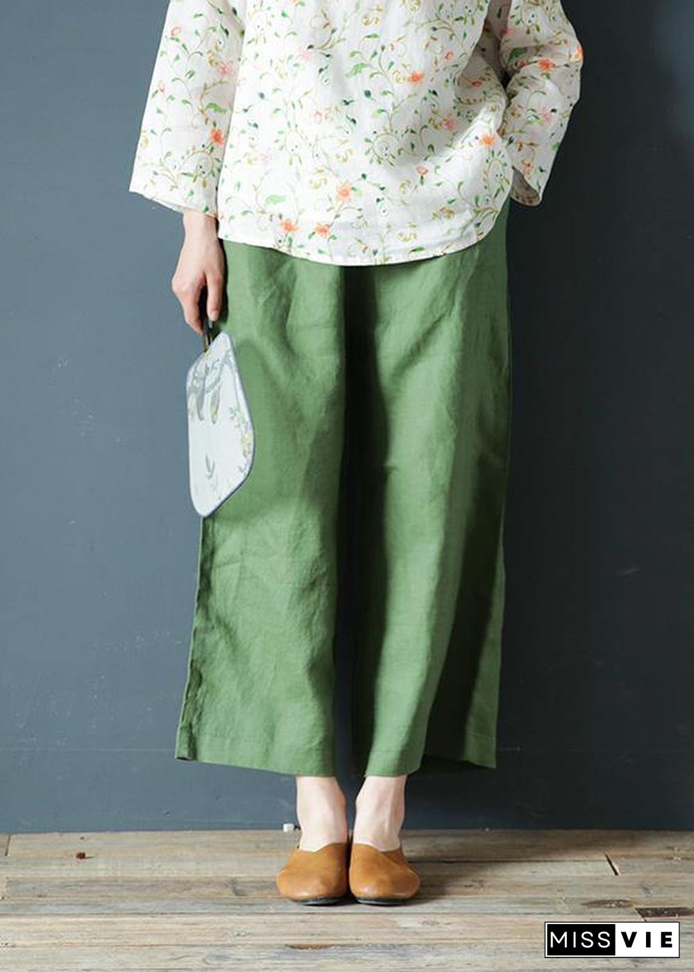 Original design cotton and linen pants retro elastic waist wide-leg pants