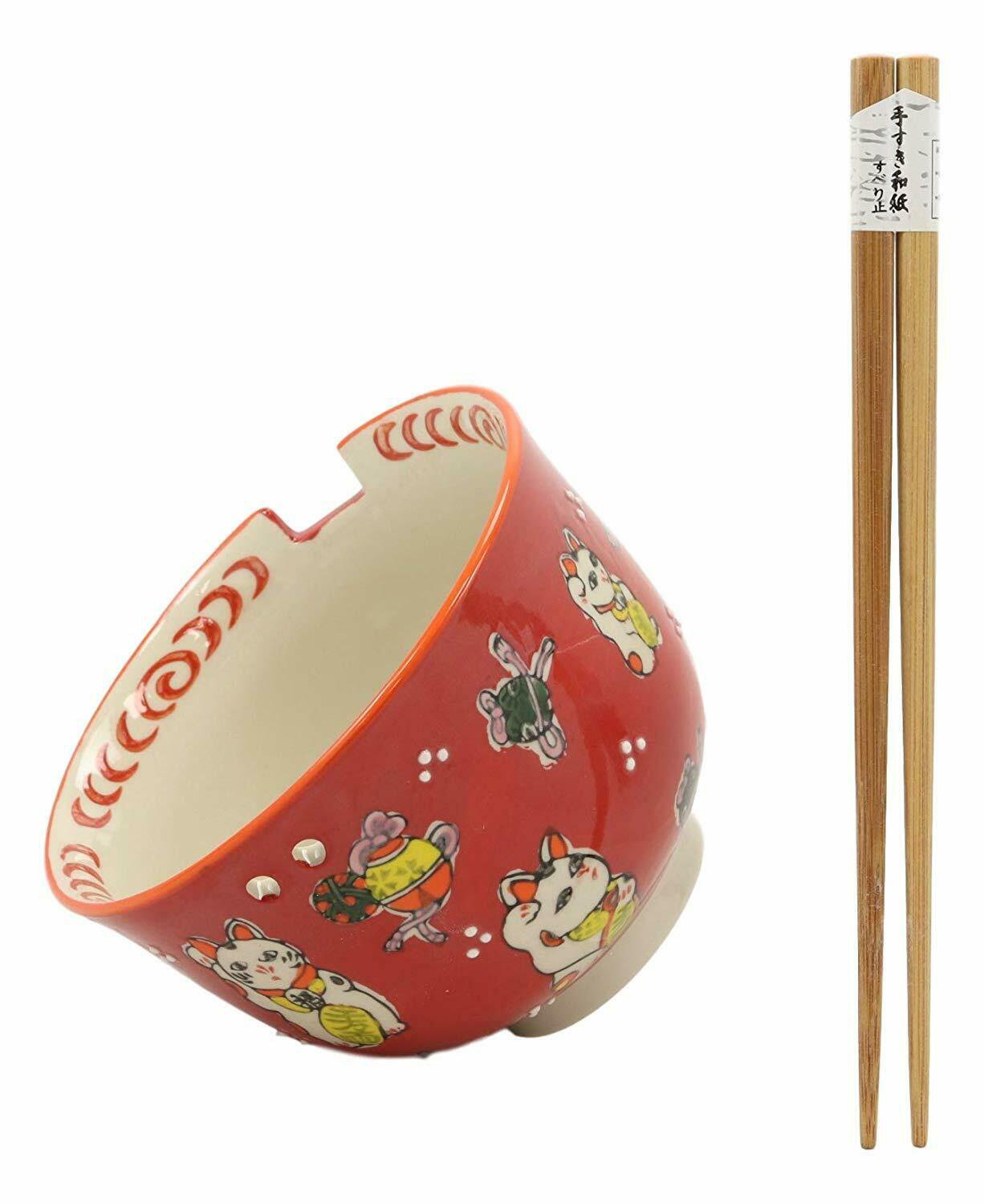 1 Lucky Cat Japanese Maneki Neko Red Porcelain Ramen Soup Bowl With Chopsticks Set EBR02