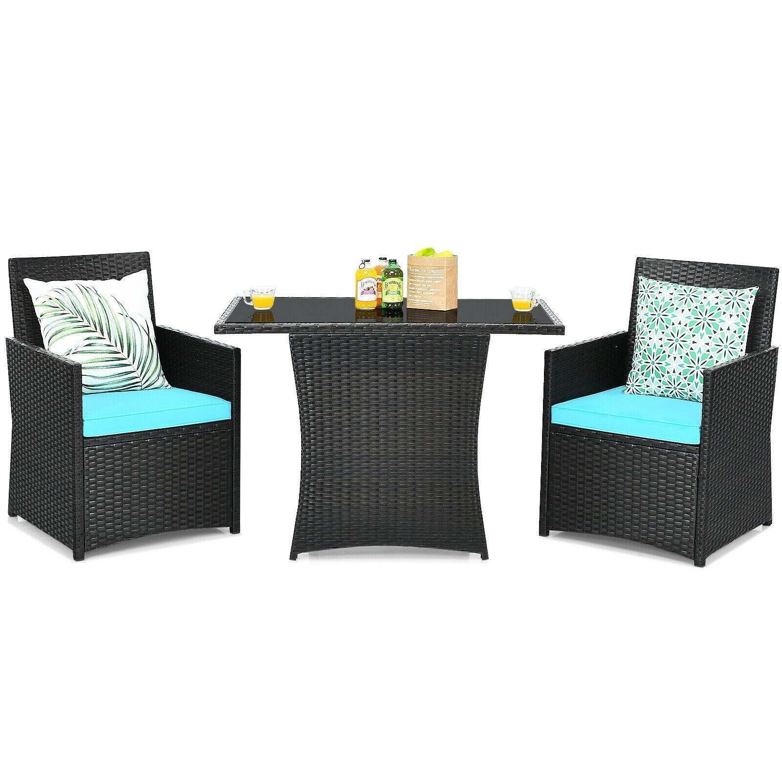 3 Pieces Patio Rattan Furniture Set with Cushion and Sofa Armrest - Turquoise - 51