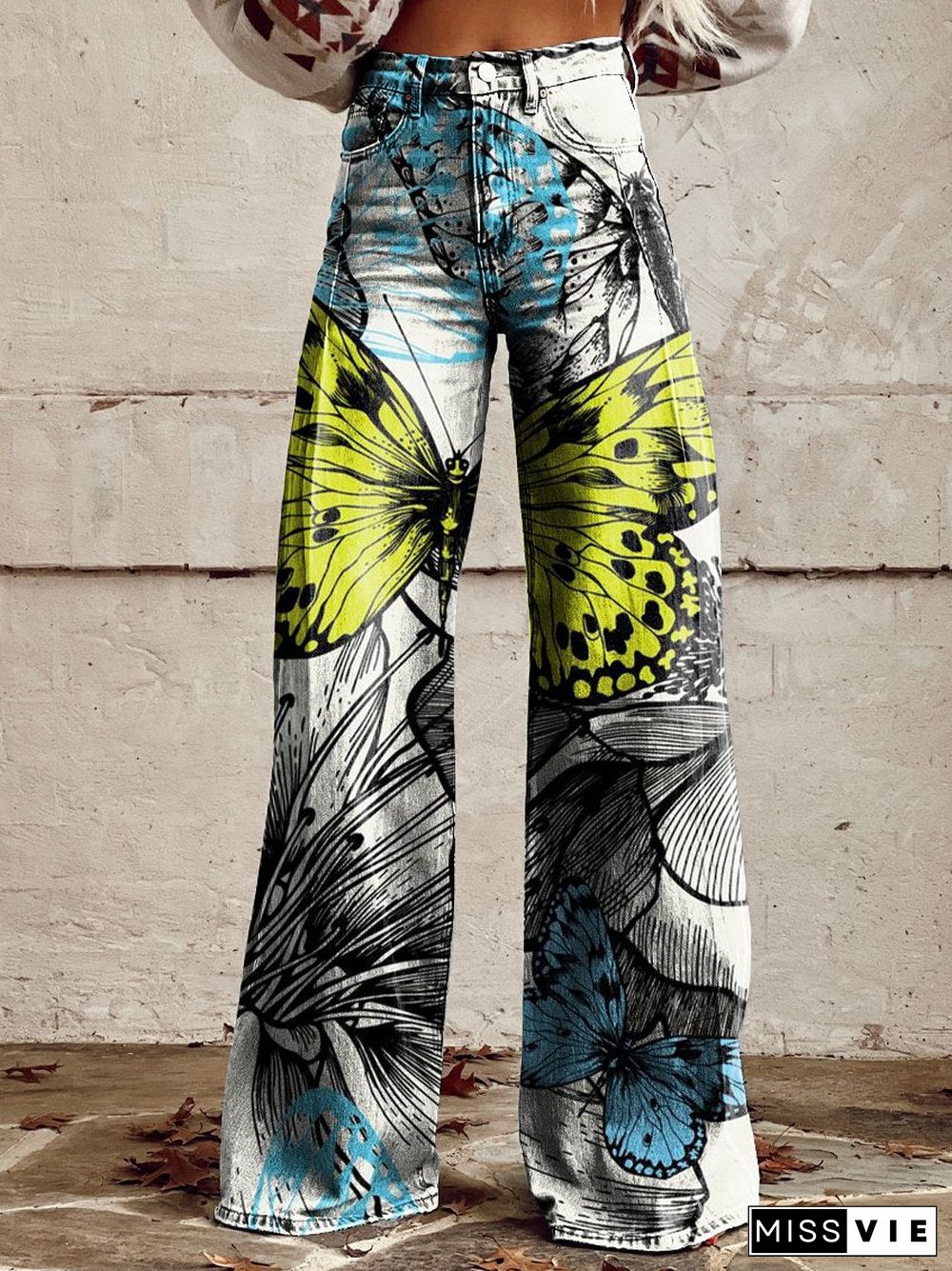 Colorful Beautiful Butterflies Women's Print Casual Wide Leg Pants