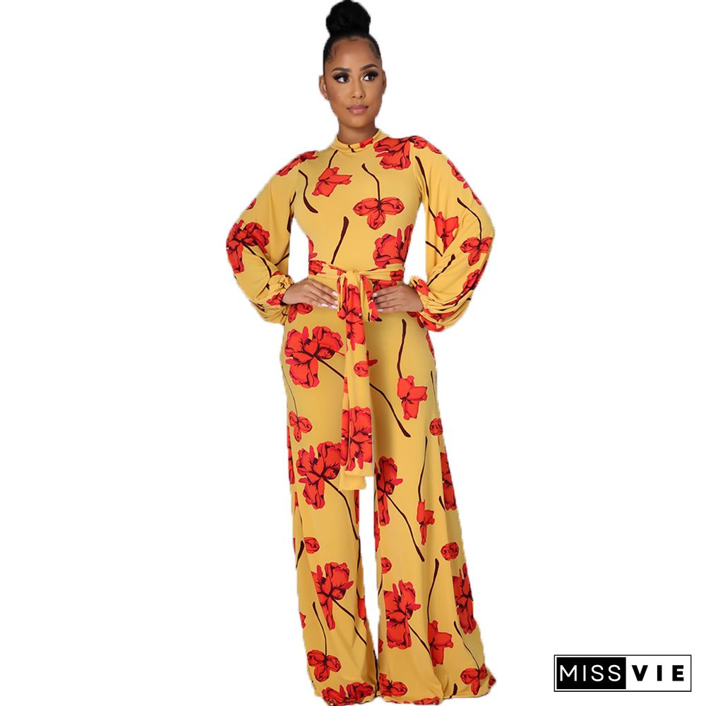 Fashion Digital Printing Spring Autumn O-Neck Long Sleeve Belted One Piece Wide Leg Jumpsuit