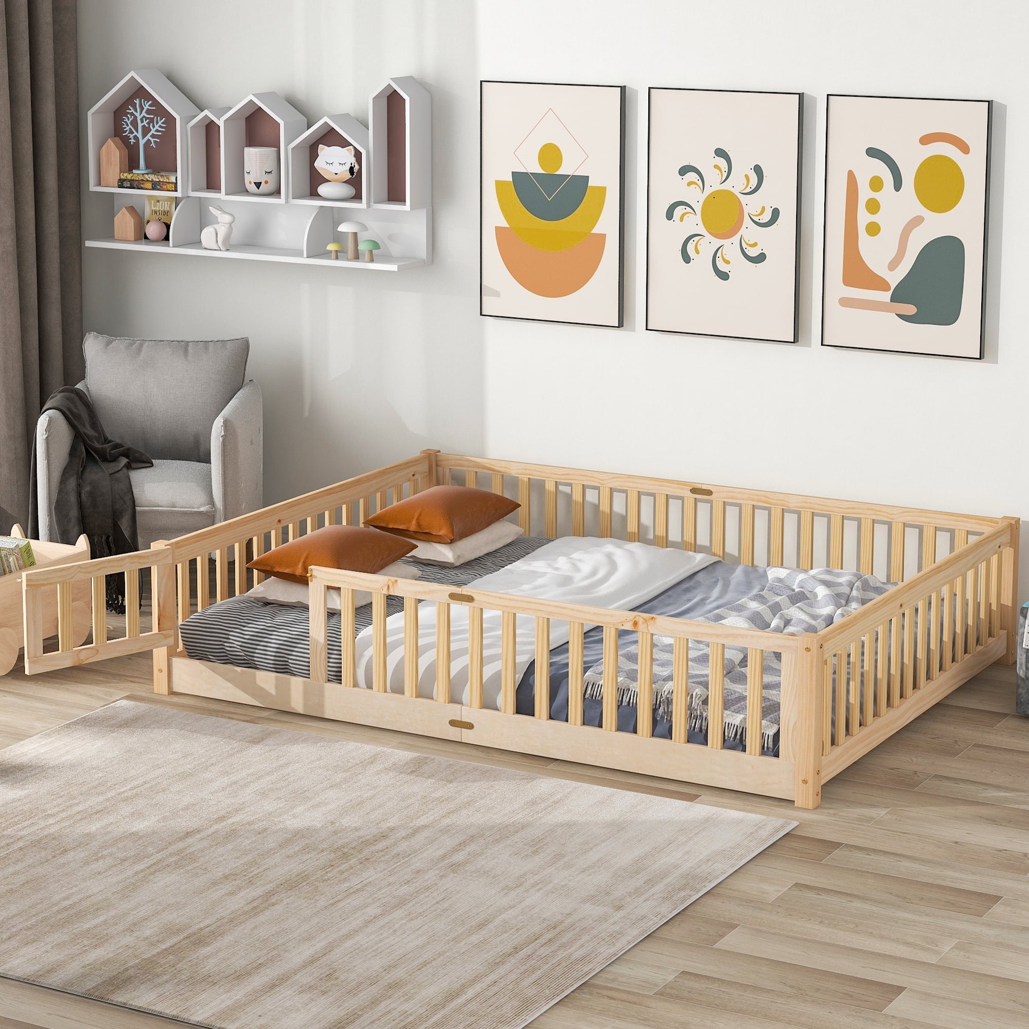 uhomepro Queen Size Wood Floor Bed Frame with Fence and Door for Kids, Toddlers, Natural