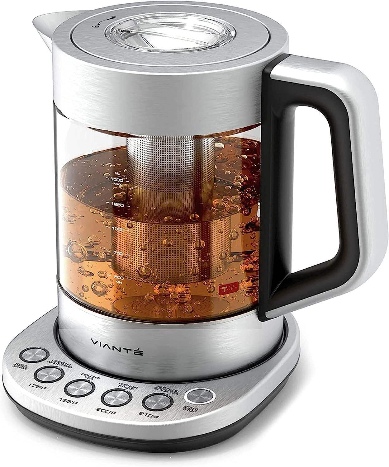 Vianté Hot Tea Maker Electric Glass Kettle with tea infuser and temperature control. Automatic Shut off. Brewing Programs for your favorite teas and Coffee.