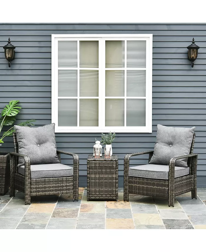 Outsunny 3 PCS Rattan Wicker Bistro Set with Storage Table Patio Furniture Set Outdoor Sofa Set with Washable Cushion Conversation Set for Garden Balcony Porch Grey