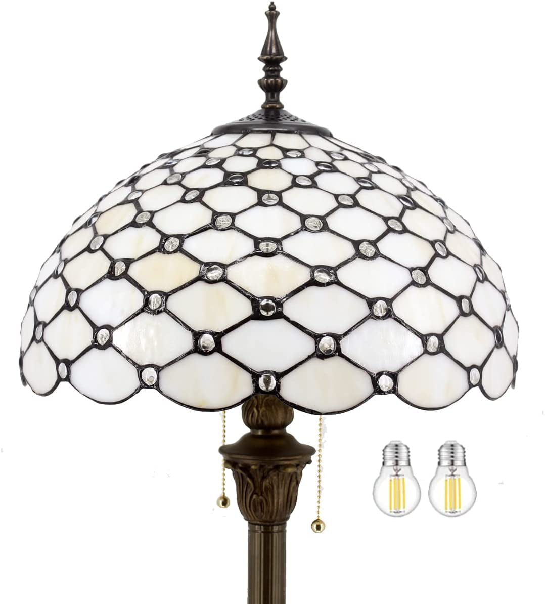 BBNBDMZ Tiffany Floor Lamp Cream Amber Stained Glass Bead Standing Reading Light 16X16X64 Inches Antique Pole Corner Lamp Decor Bedroom Living Room  Office (LED Bulb Included) S005 Series