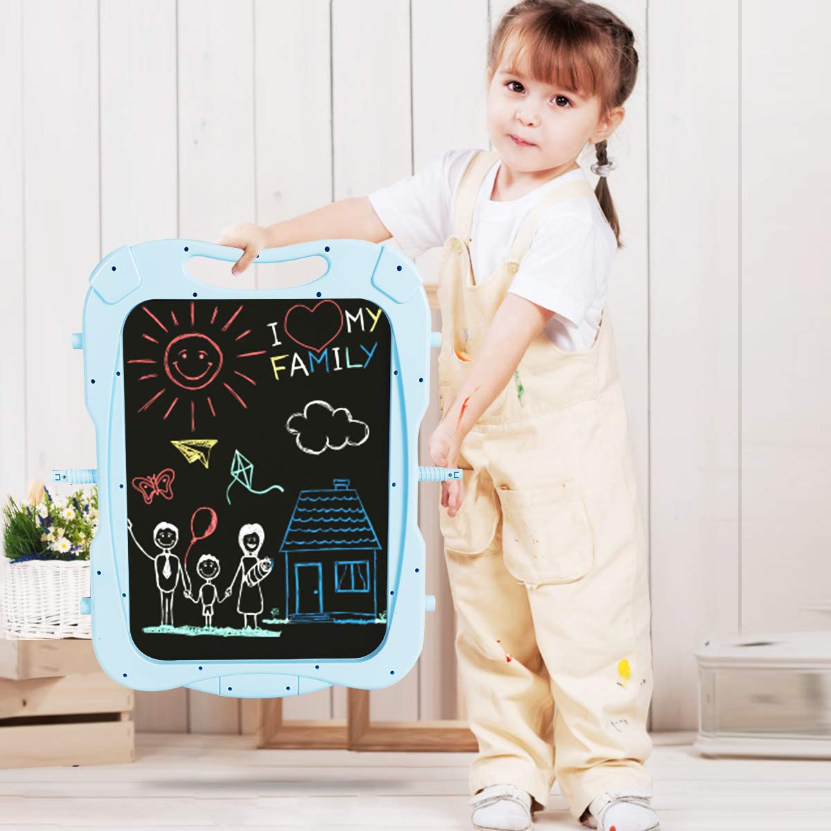 Costzon Art Easel for Kids, 360 Rotate Adjustable Double Side Standing Toddler Portable Magnetic Drawing Set with Chalkboard