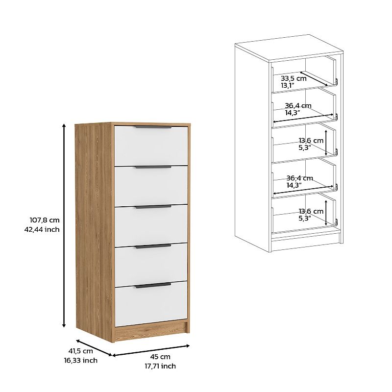 DEPOT E-SHOP Egeo 5 Drawer Dresser， Vertical Dresser， White / Light Oak