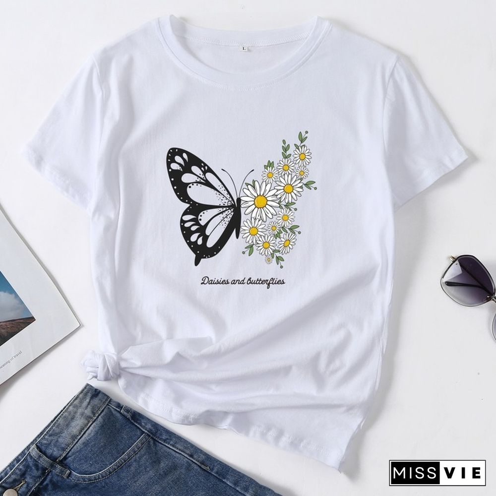 Summer Women Casual Short Sleeve T-shirt Butterfly Flower Print Female Fashion Graphic T Shirt Ladies Daily Loose O-Neck Tee Top