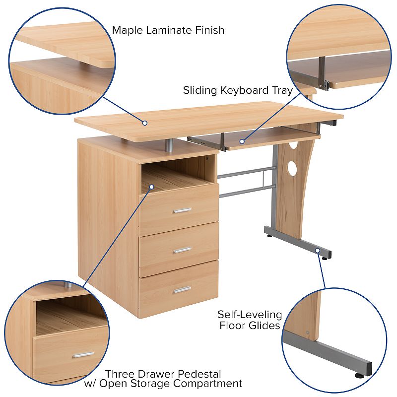 Flash Furniture White Desk with Three Drawer Pedestal and Keyboard Tray