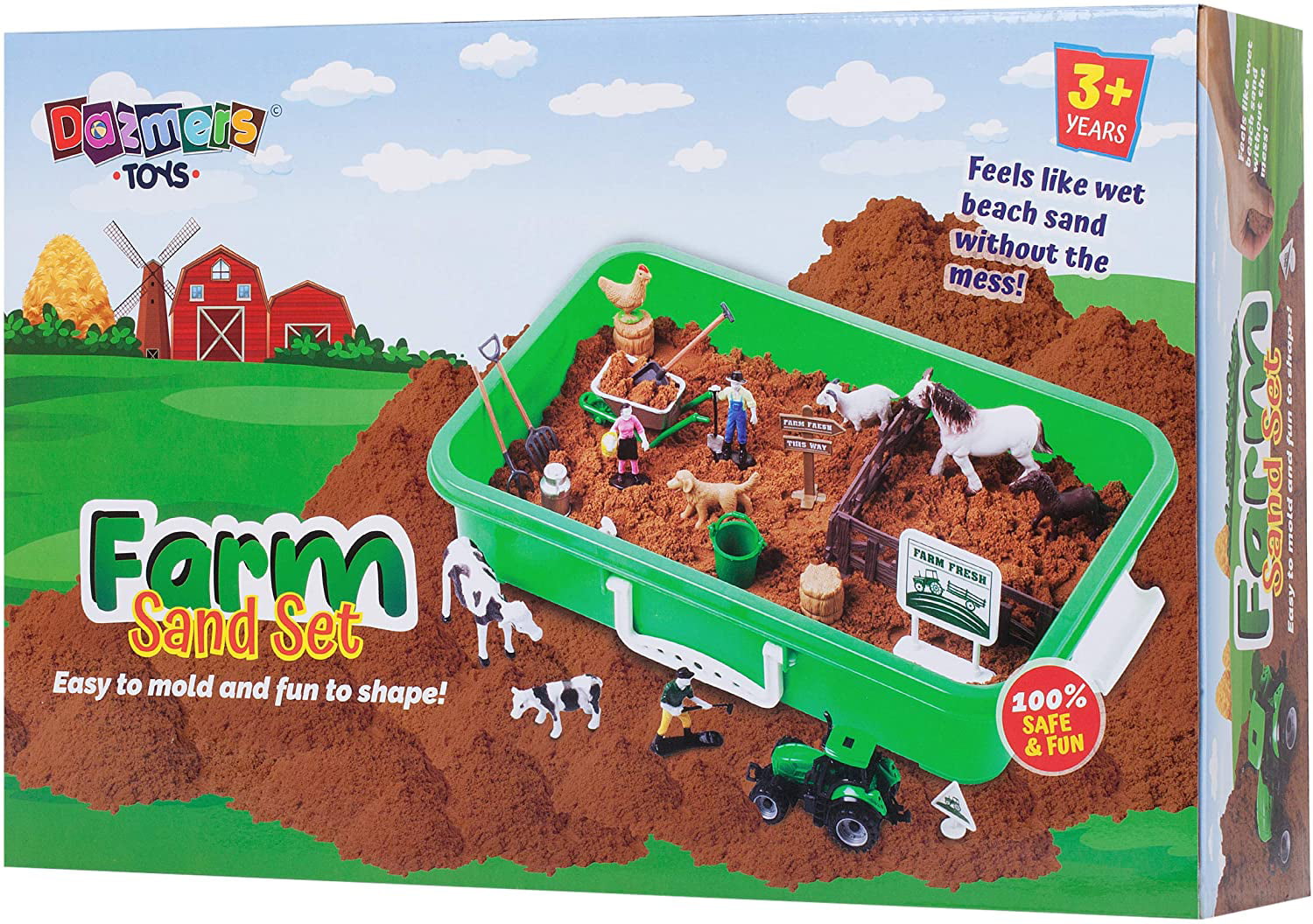 Farm Sand Play Set 28 Figures- Sensory Toys for Kids with 2 lbs of Sand, Farm Animals, Signs, Fences, Trucks and Farm Tools