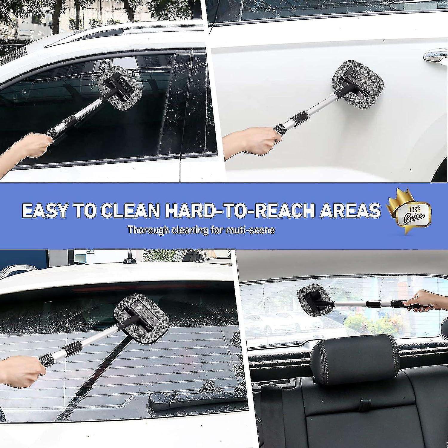 Car Wash Brush Telescopic Windscreen Cleaner With 2 Microfibre Pads， Windscreen Cleaning Tool With E