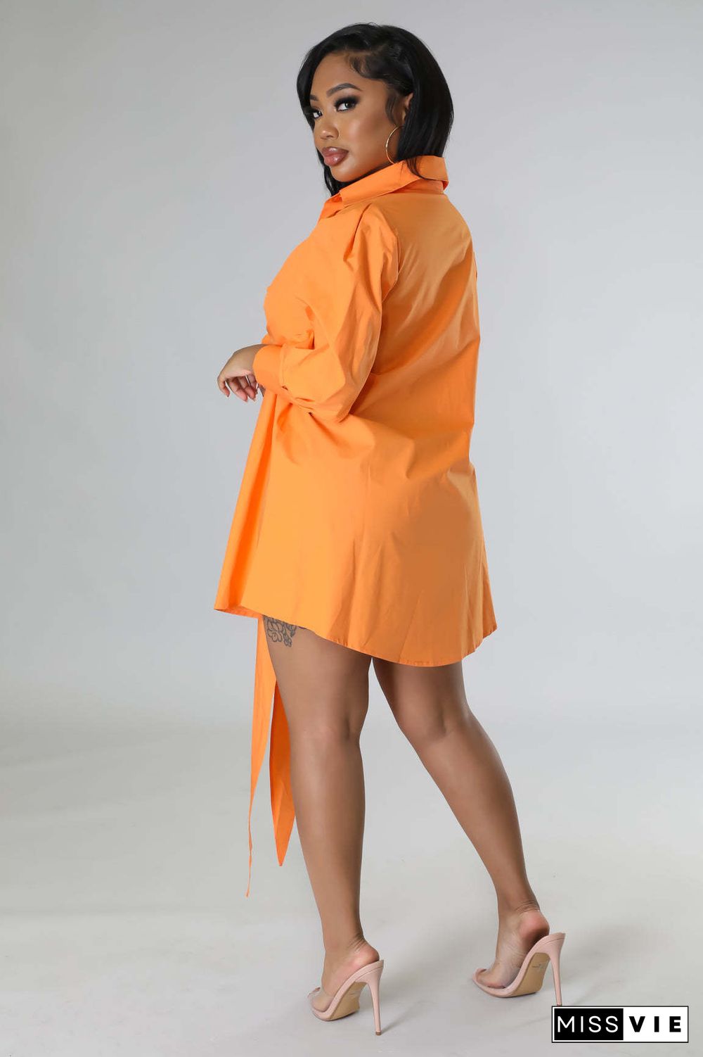 Solid Color Bowknot Decor Long Sleeve Shirt Dress