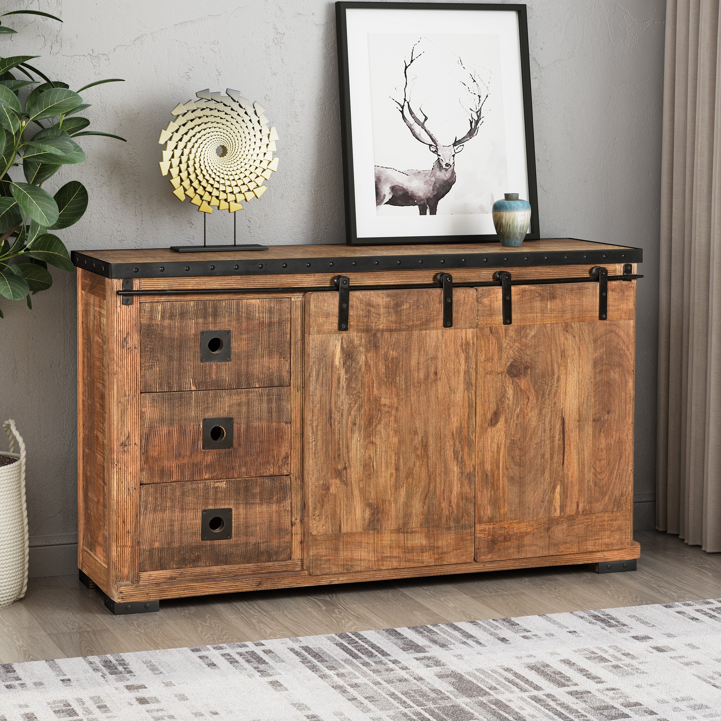 Phoebe Modern Industrial Mango Wood Sideboard, Natural Finish and Black