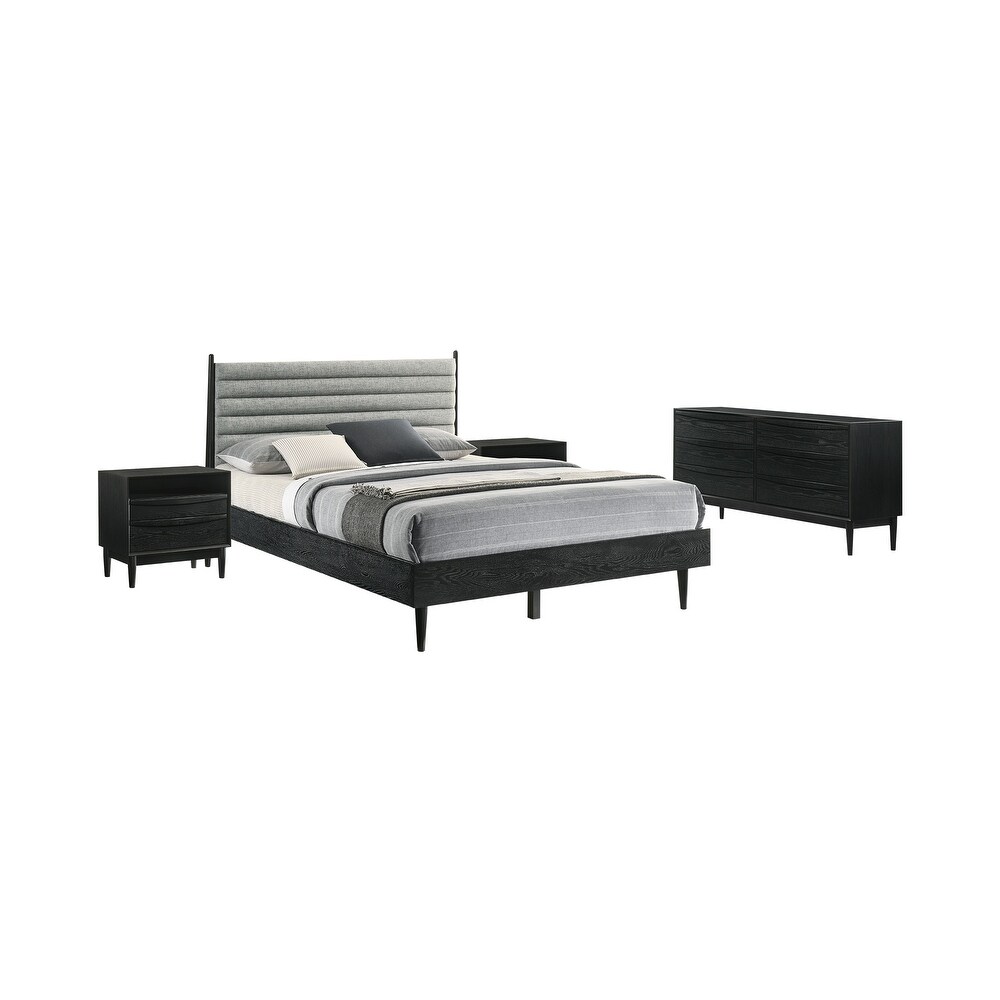 Artemio Black or Walnut Wood 4 Piece Bedroom Set with Grey Upholstered Headboard