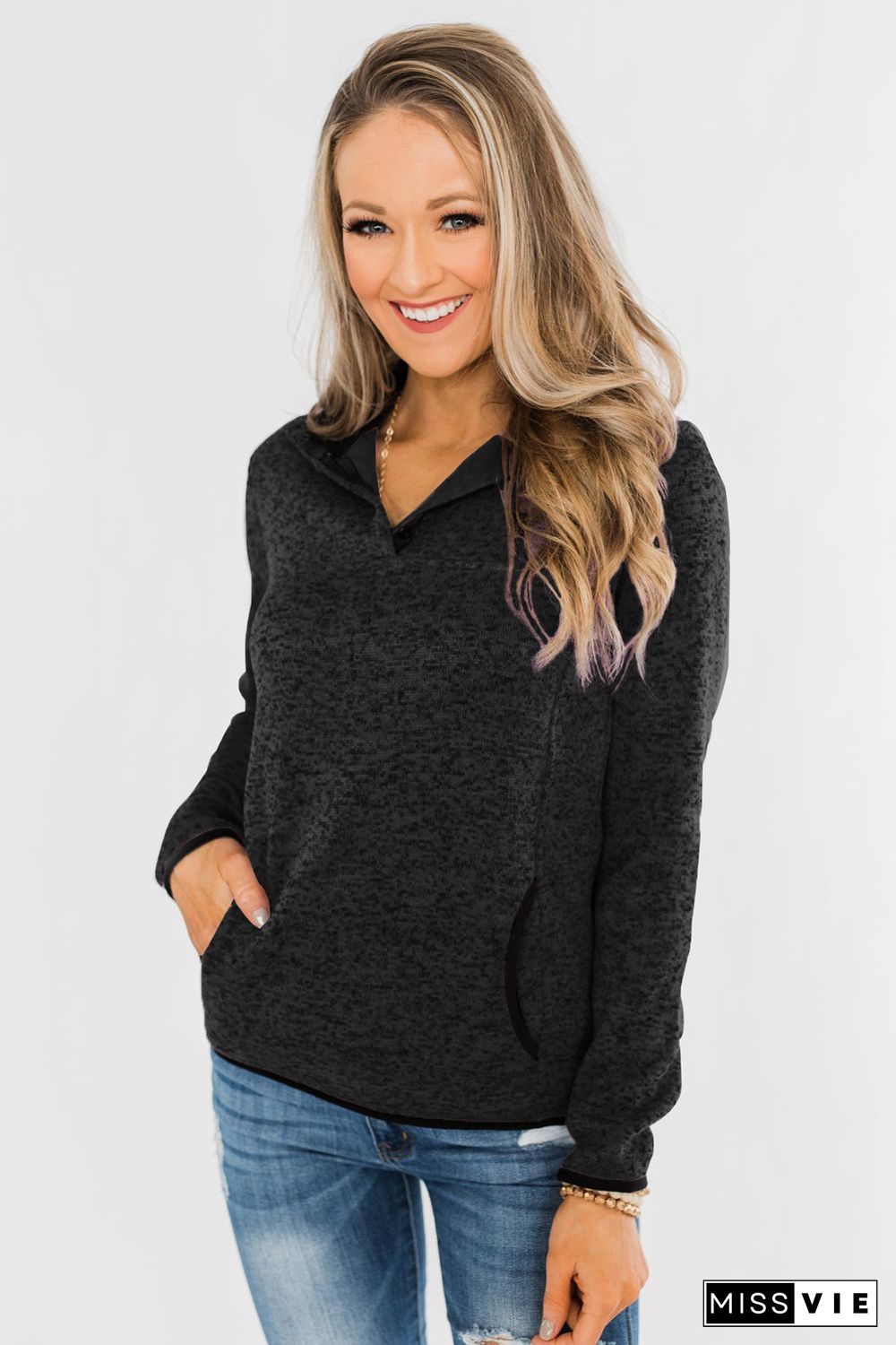 Black Heathered Turn-down Collar Pullover Sweatshirt