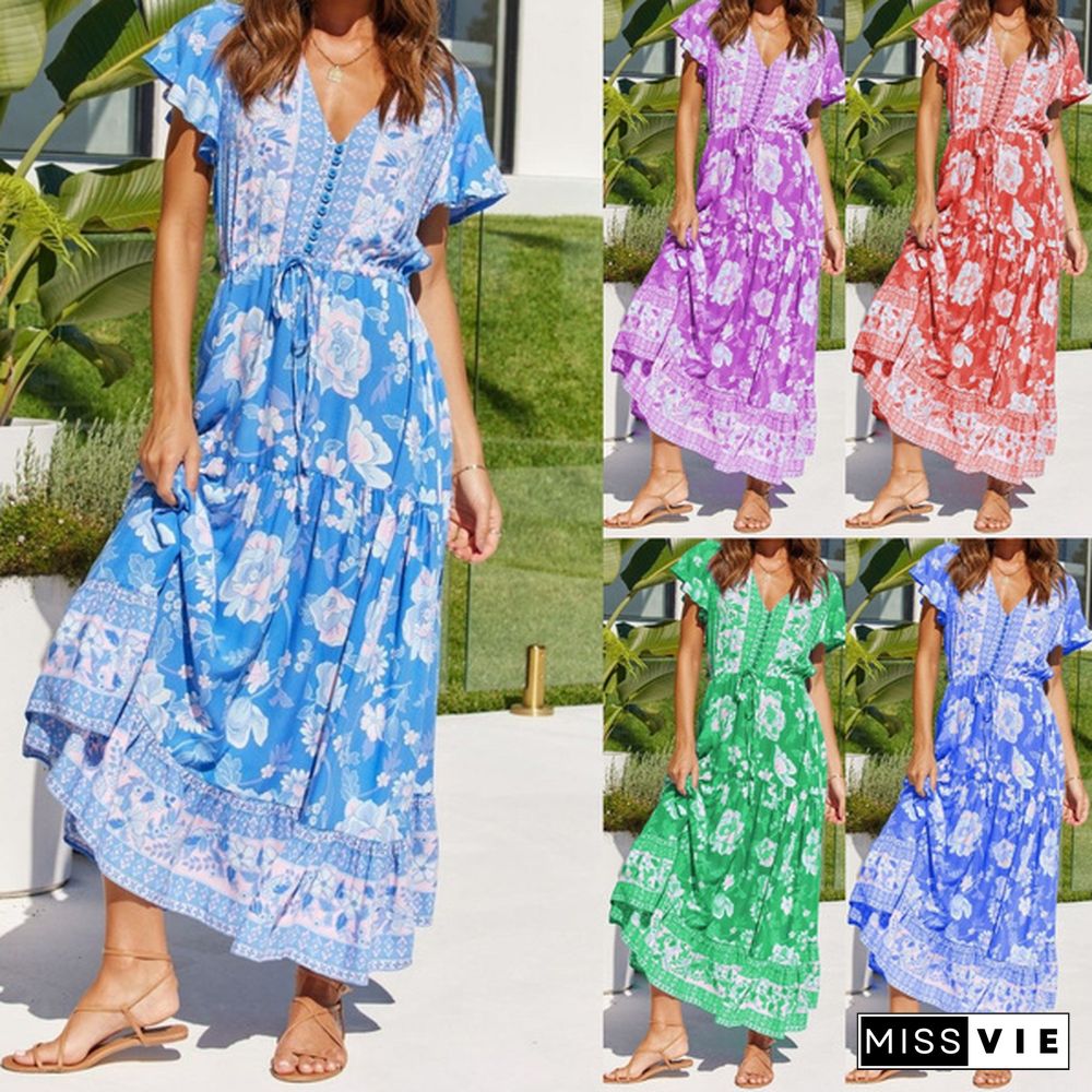 Women's Fashion Casual Flower Print Dresses Spring Summer Dresses Short Sleeve Dress Long Dress Plus Size Dress