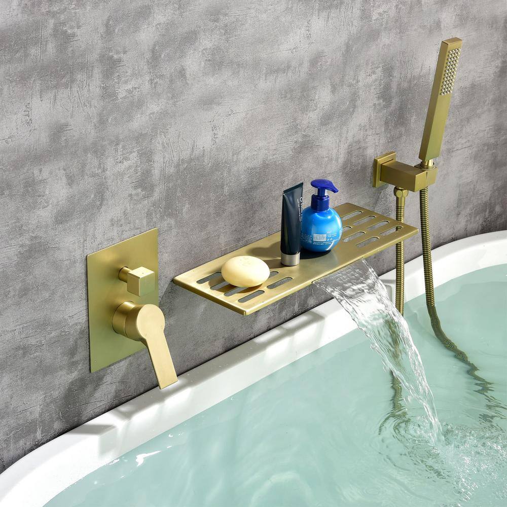 FLG Single-Handle Wall Mount Roman Tub Faucet with Hand Shower Brass Waterfall Bath Tub Filler with Sprayer in Brushed Gold SS-0199-BG