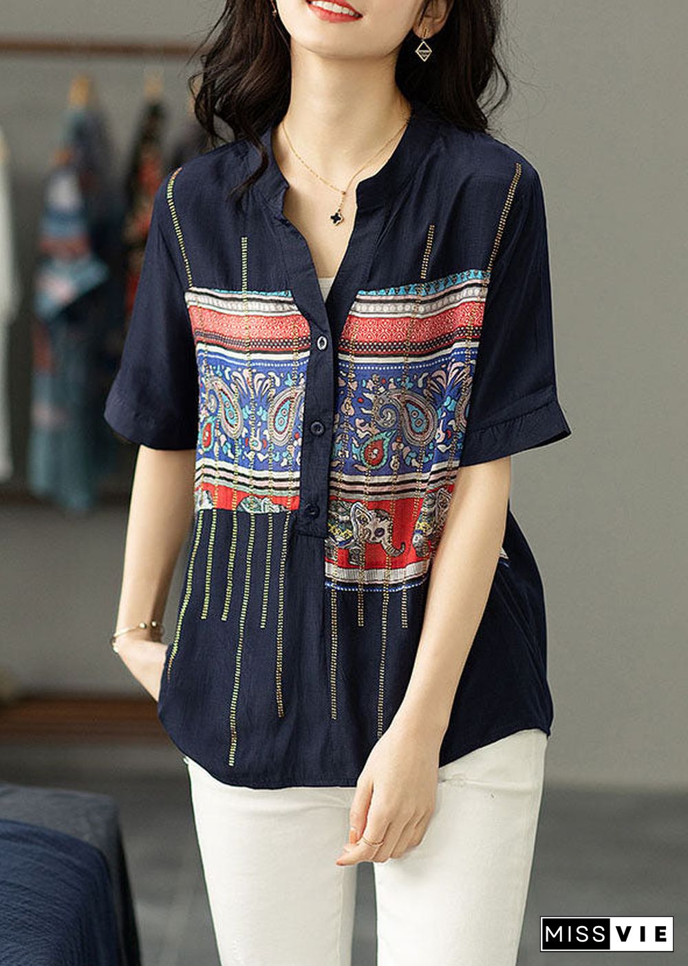 Women Navy Print Zircon Patchwork Cotton Shirt Tops Summer