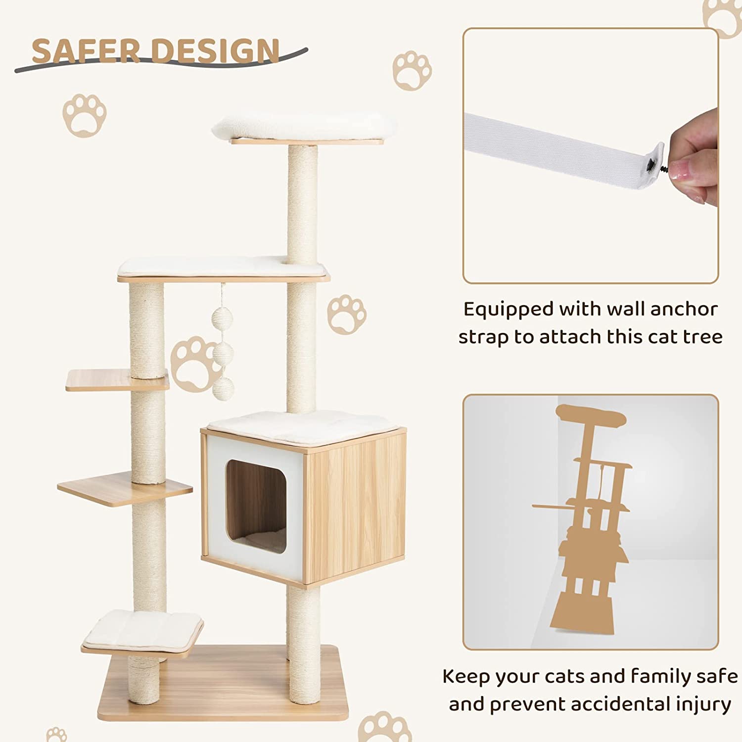 Arlopu 55” Tall Modern Cat Tree Tower for Indoor Cats, Wooden Cat Climbing Stand Furniture, 6 Level Platform Cat Activities Condo House w/Scratch Post, Washable Mats&Top Perch, for Kittens&Large Cats