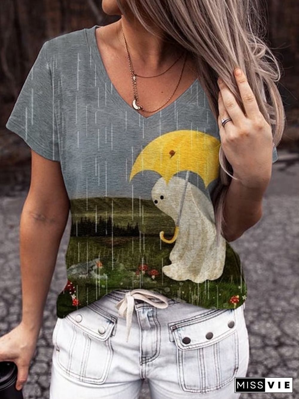 Women's Halloween Ghost Print V-Neck Tee