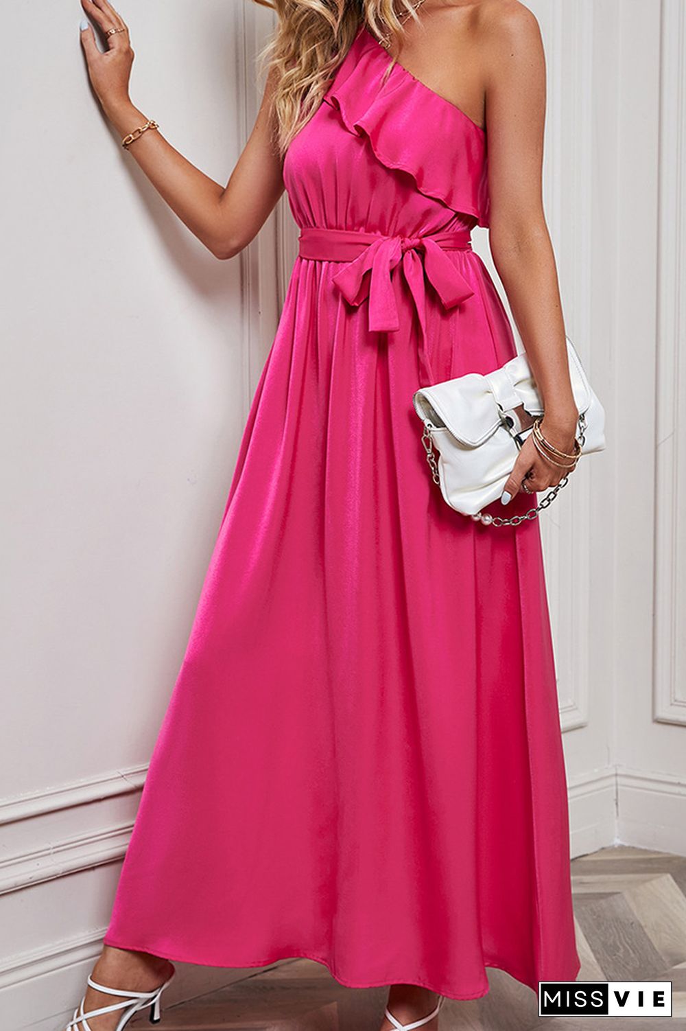 Rose One Shoulder Ruffles Maxi Dress Wish Sash