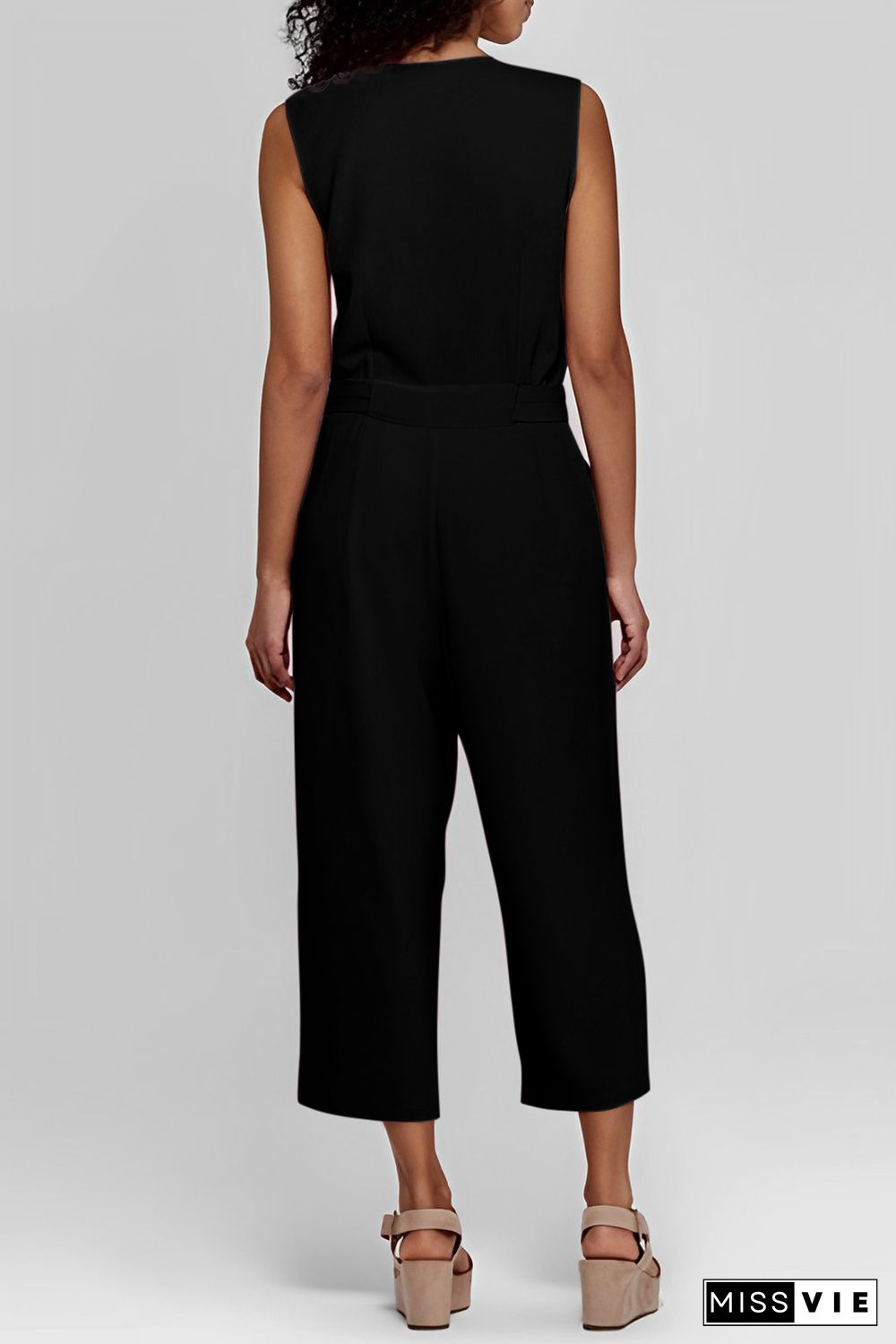 Black Buttoned Sleeveless Cropped Jumpsuit with Sash