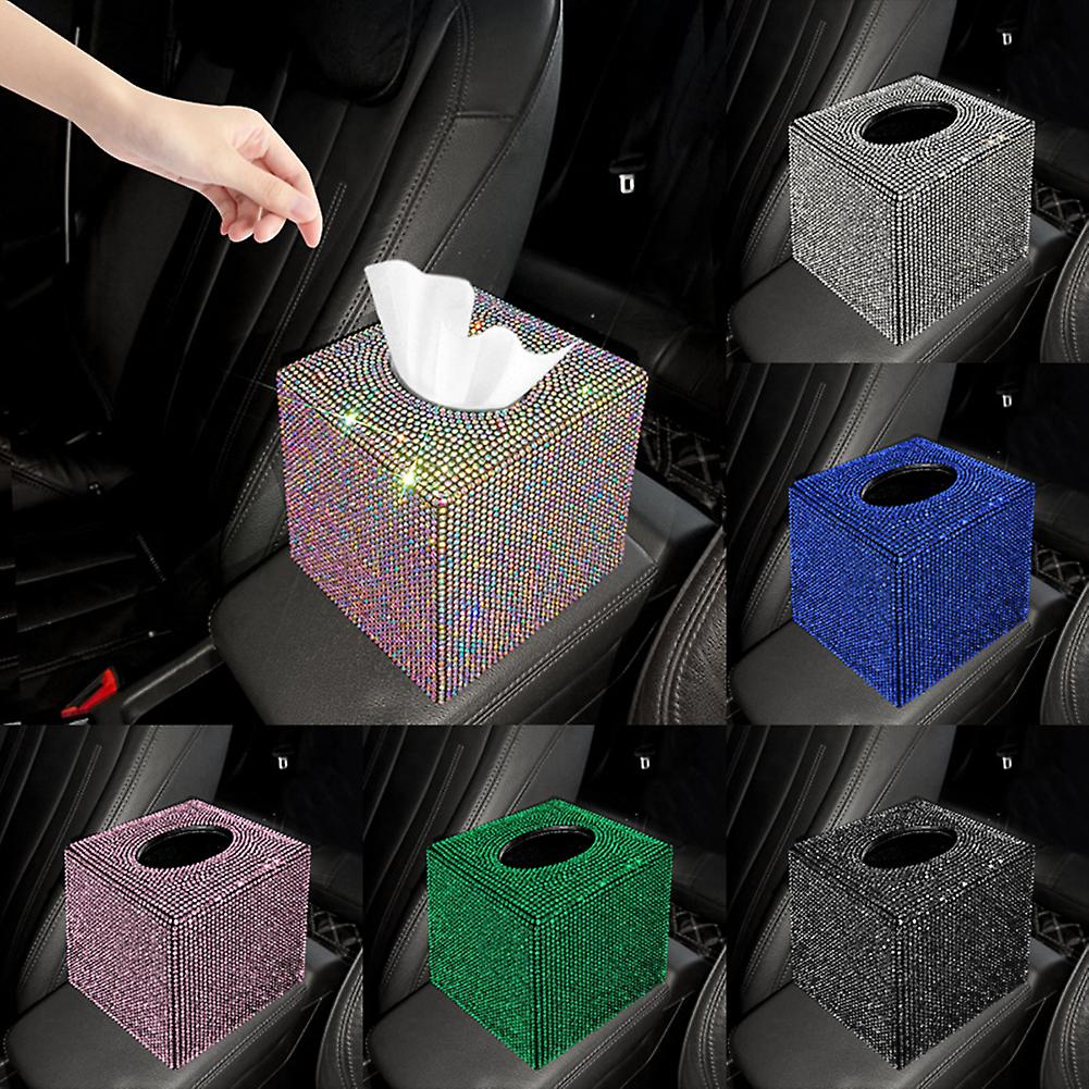 Square Bling Car Tissue Holder With Crystal Rhinestone Auto Vehicles Tissue Box Napkin Paper Pouch Case For Car Home Office Red