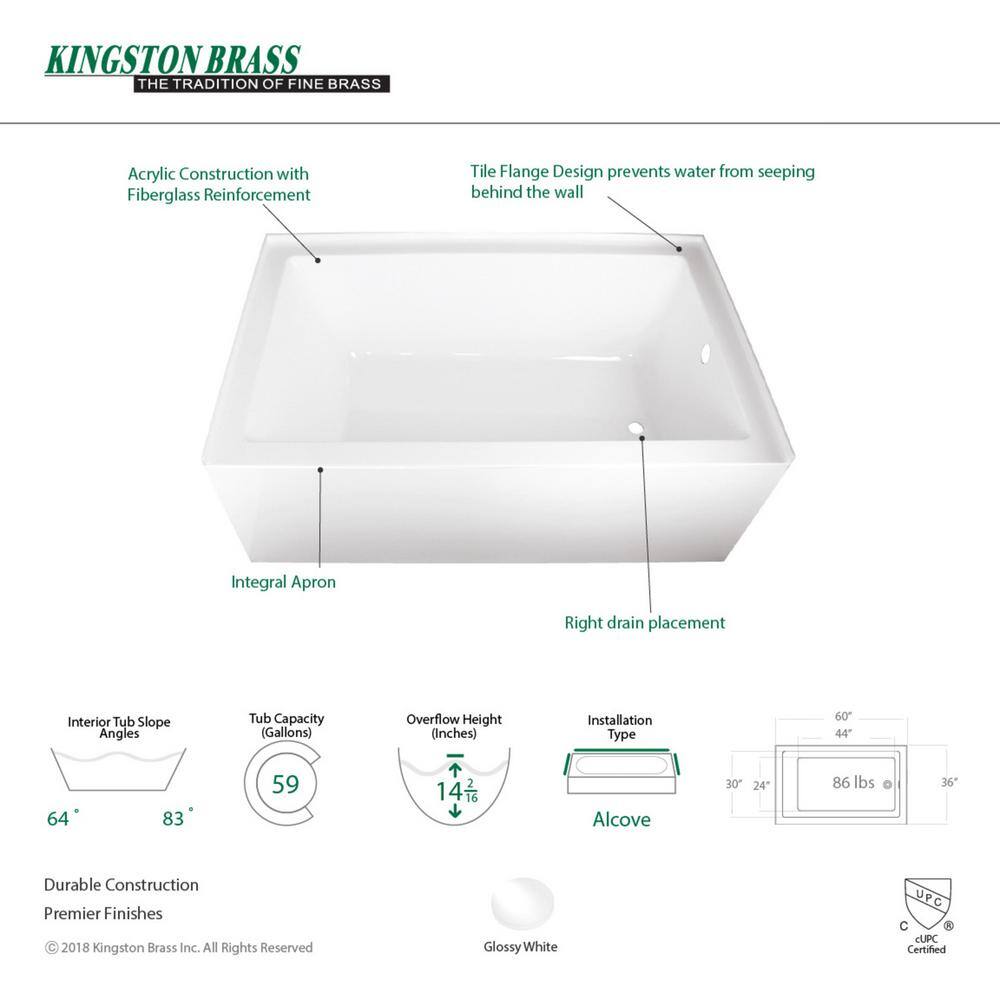 Aqua Eden Ella 60 in. Acrylic Right-Hand Drain Rectangular Alcove Bathtub in White HVTAP603622R