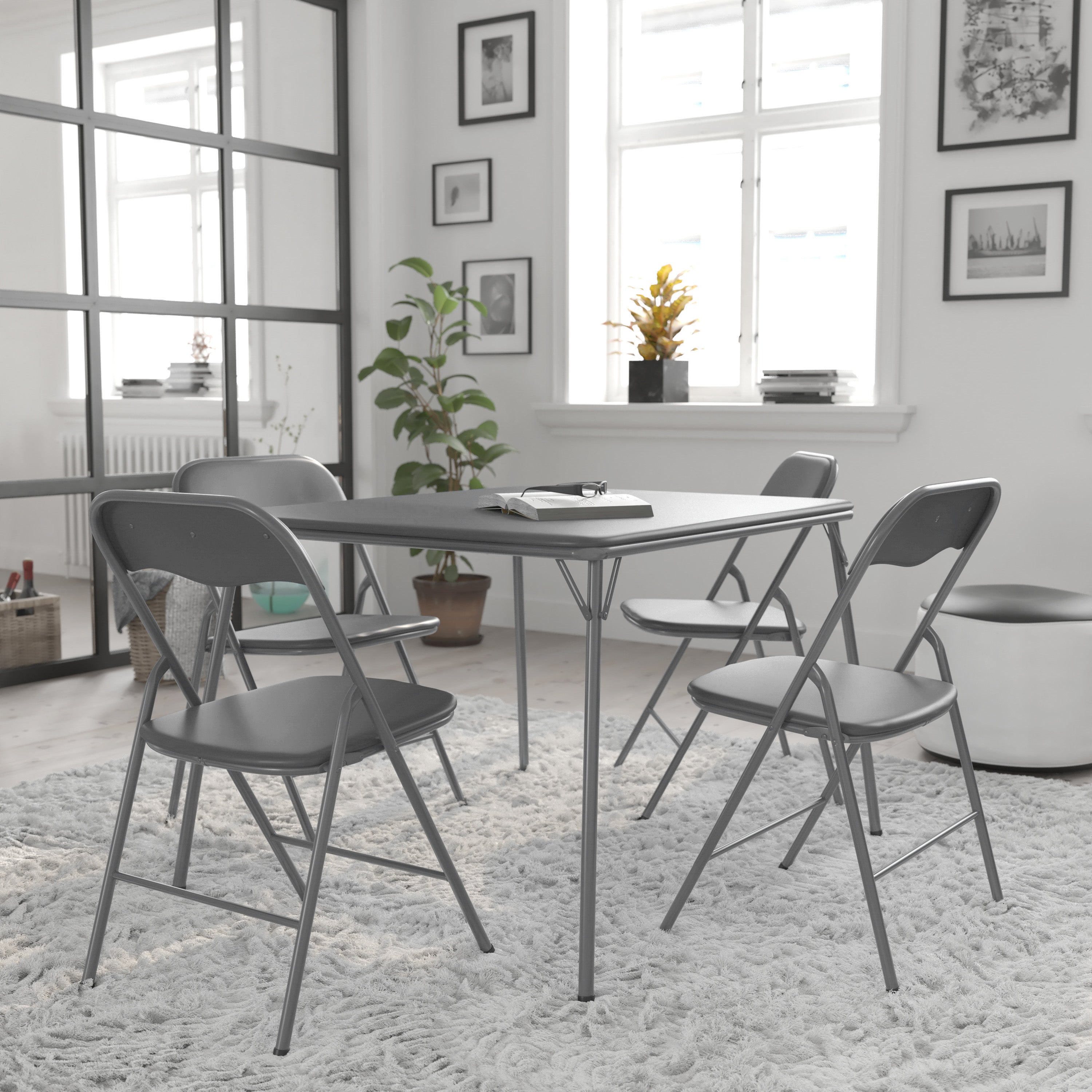 Flash Furniture Vinyl 5-Pcs Folding Game Table and Chair Set， Gray