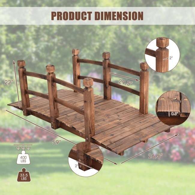 5 Feet Wooden Garden Bridge Arc Stained Finish Footbridge Decorative