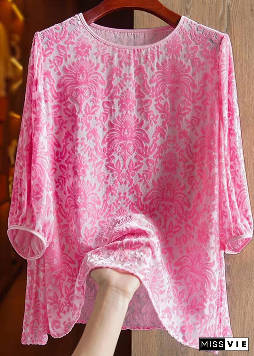 Cute Pink O-Neck Silk Velour Patchwork Chiffon T Shirt Fall