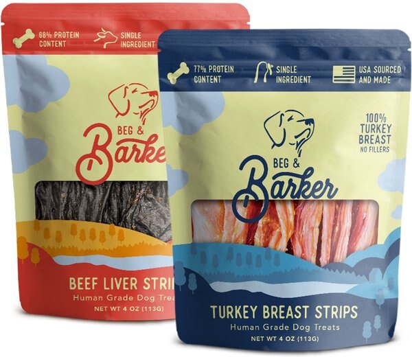 Beg and Barker Turkey and Turf Combo Human Grade Liver Strips All Natural Single Ingredient Dog Treats， 4-oz， case of 2