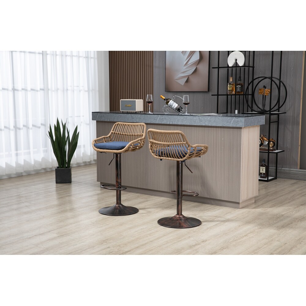 Swivel Bar Stools Set of 2  Adjustable Height Barstools with Footrest  Rattan Bar Chairs for Dining Room Kitchen  Blue