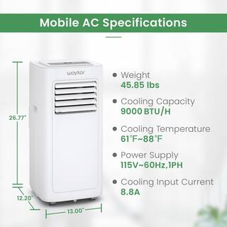 waykar 9000 BTU Portable Air Conditioner up to 450 sq. ft with Dehumidifier and Fan Mode 3 in.-1 Room AC with Drain Hose HDCX-A019E-8K