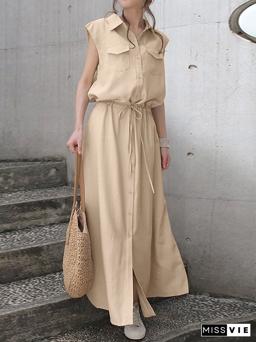 Solid Drawstring Waist Pocket Button Front Maxi Cargo Dress